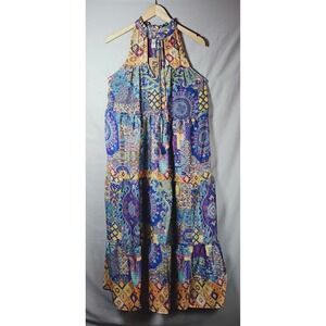 Rhea Womens OSFM Maxi Dress Sleeveless Patchwork Mandala Boho silk blend